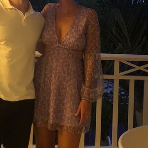 Lavender mini dress sheer long sleeves with cut outs